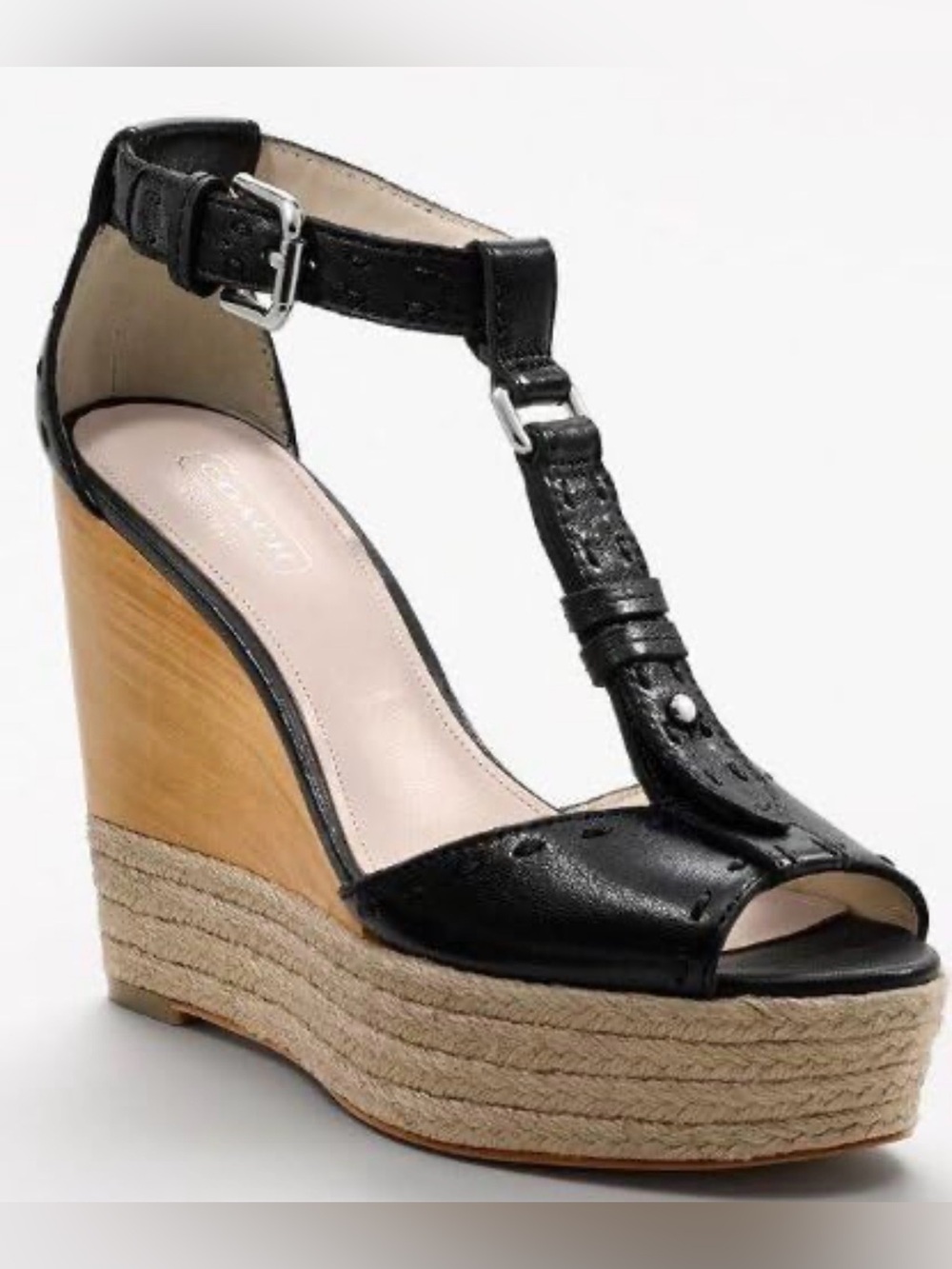 Coach Black Leather T-Strap Espadrille Wedge Sandal